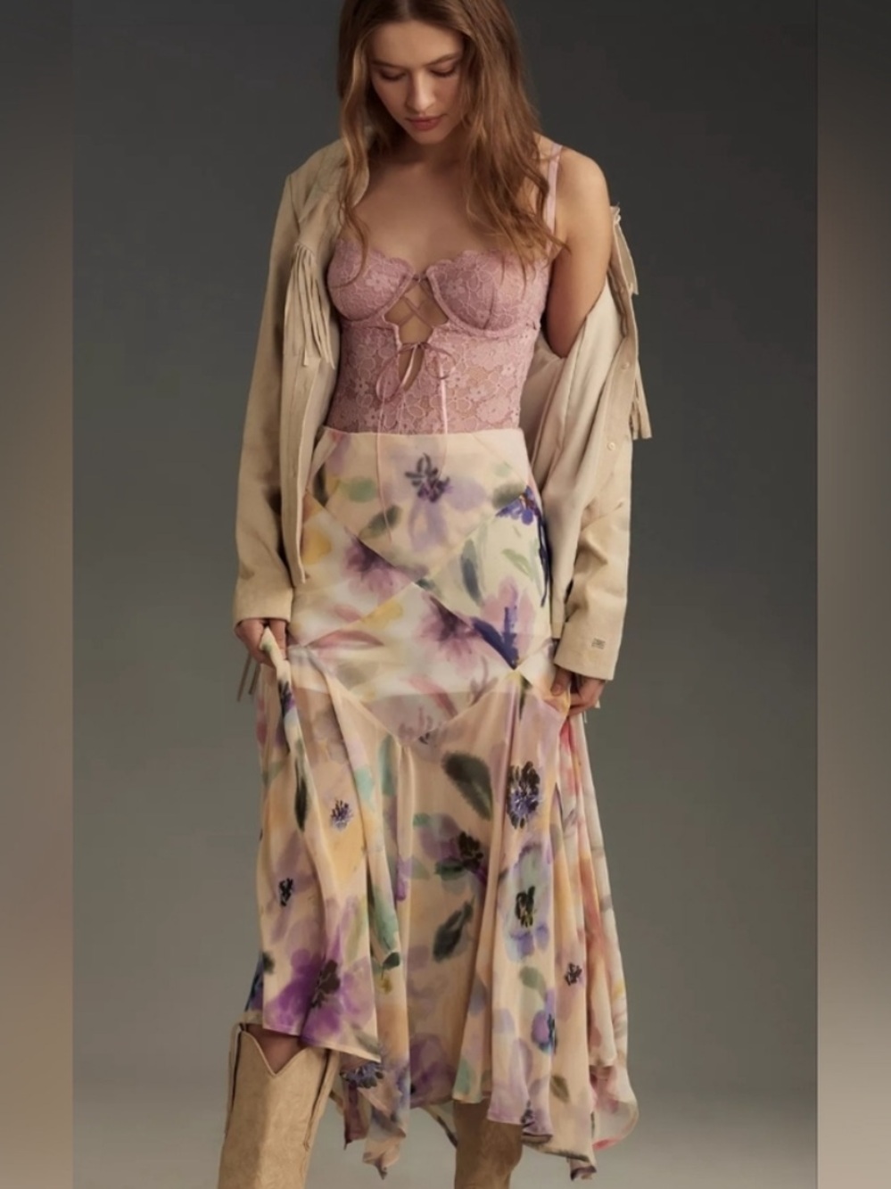 Anthropologie Asymmetrical Painterly Floral Midi Skirt Small Petite